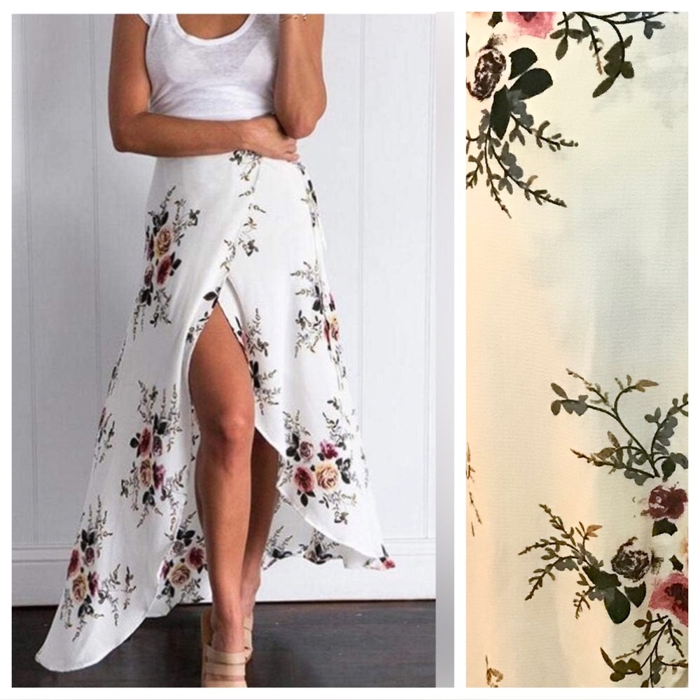 Bohemian Cream background Floral Wrap maxi Skirt